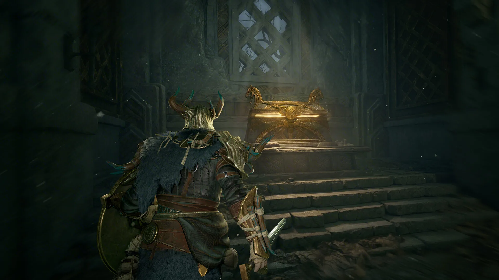 Mistfall Hunter camp hub with goddess statue upgrades and Gyldenblood progression